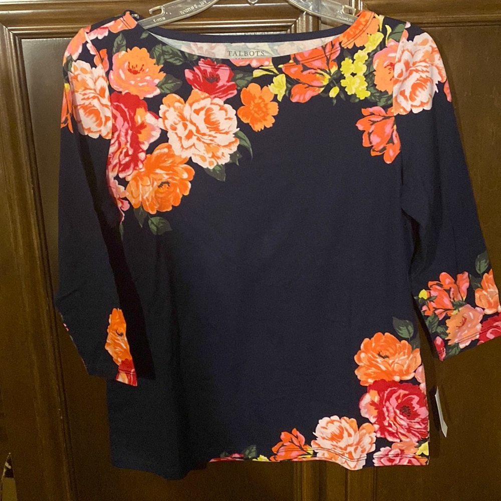 NWT/ Talbots dark blue w/pink floral design. 3/4 sleeves. With tags